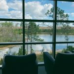 Two comfortable chairs in the library overlooking the pond below.