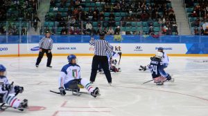 Paralympic ice hockey players during a match